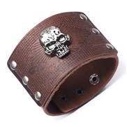 ( brown) Cowhide bracelet man occidental style personality skull exaggerating width leather