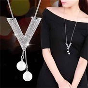 fine Korean style fashion  Metal flash diamondV Word personality Pearl long necklace/ sweater chain
