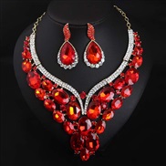 ( red)  occidental style crystal gem clavicle necklace earrings set bride banquet exaggerating woman