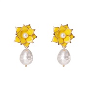 ( yellow) Pearl earring flowers Alloy brief earrings woman temperament enamel fashion personality ear stud