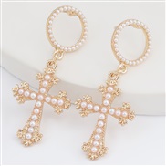 ( Gold)earrings Alloy circle imitate Pearl cross earrings woman fashion trend earring occidental styleins wind