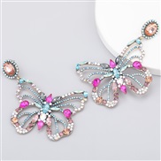 ( Rosy red color)occidental style high-end Alloy diamond glass diamond Rhinestone butterfly earrings woman super luxurio