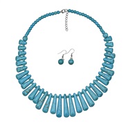 ( blue)retro Bohemia turquoise necklace earrings set woman ethnic style geometry exaggerating atmospheric tassel necklac