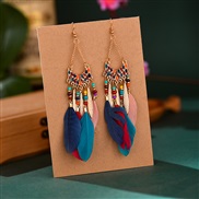 (   Mixed color)sector tassel feather earrings woman long style Bohemia beads occidental style arring