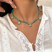 ( Gold  )occidental style retro splice turquoise geometry tassel necklace Countryside mash up beads chain