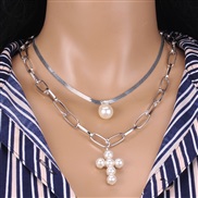 (Pearl   White K)occidental style Double layer Pearl cross necklace  trend retroins brief snake chain sweater chain woma