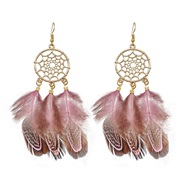 ( Pink)Alloy hollow feather tassel earrings Street Snap lovely earring woman
