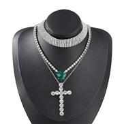 ( green)occidental style fashion Alloy diamond glass diamond Rhinestone heart-shaped cross multilayer necklace three wom