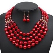 ( red)  occidental style exaggerating multilayer Pearl necklace earrings set fashion personality