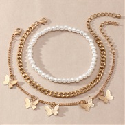 (FZ  jinse)F occidental style  retro chain Pearl foot  punk brief butterfly pendant Anklet