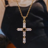( Gold)retro bronze embed Zirconium gold cross necklace occidental style  creative exaggerating long style