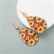 ( rose Red)occidental style Bohemian style leather Double surface print long style day flowers earrings woman embed Rhin
