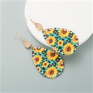 (green )occidental style Bohemian style leather Double surface print long style day flowers earrings woman embed Rhinest