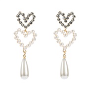 ( white)Korean style Ladies wind fashion long style atmospheric Pearl earrings woman Alloy diamond earring Double heart-