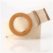 ( Beige)women imitateStraw  width brief all-Purpose buckle belt woman cotton elasticity weave ornament belt