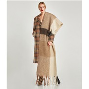 ( camel)occidental style Autumn and Winter thick style grid long style tassel imitate sheep velvet scarf Collar blue pa