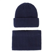 ( Navy blue S)knitting child  Autumn and Winter hat set Stripe knitting woolen hat color