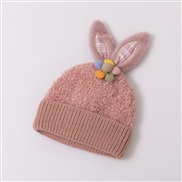 ( one size  Fit 1-6 years old)( hide powder )flowers rabbit child knitting hat Autumn and Winter warm woolen cartoon lo