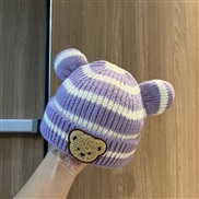 (2-6 years old48-52cm)( stripe purple)ins Autumn and Winter Korean style child knitting man woman Stripe head woolen le