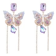 (purple)ins wind Alloy diamond butterfly tassel earring occidental style earrings woman trend arringearrings
