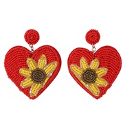 ( red)ins style heart-shaped handmade beads earrings  Countryside temperament sun flower day Earring