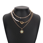 ( Gold) exaggerating multilayer chain  claw chain Pearl chain splice necklace sun flower retro
