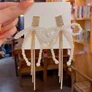 (Egold )occidental style exaggerating atmospheric bow long style tassel earrings silver Korea Pearl bow ear stud