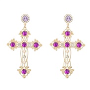(purple)retro temperament occidental style cross Alloy embed resin earrings woman Bohemia ethnic style arring