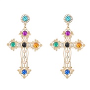 ( Color)retro temperament occidental style cross Alloy embed resin earrings woman Bohemia ethnic style arring