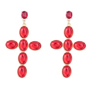 ( red)retro occidental style cross Alloy embed resin earrings woman Bohemia ethnic styleearrings