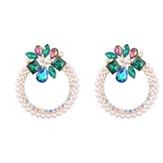 ( green)earrings Alloy diamond embed Pearl flowers Round earrings woman occidental style exaggerating colorful diamond 