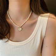 ( necklace  Gold) gold enamel geometry flowers Pearl necklace fashion clavicle chain woman