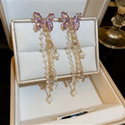 ( Silver needle  Gold) same style silver diamond zircon crystal Pearl butterfly earrings Korea long style tassel earrin