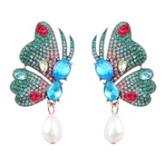 ( blue)fashion colorful diamond Alloy diamond embed Pearl earring butterfly earrings woman trend occidental style arrin