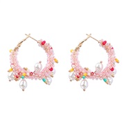 ( Pink)ins Round Alloy beads weave flower earrings woman imitate Pearl earring Bohemia ethnic style arring