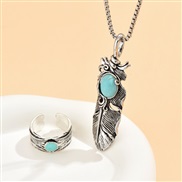 occidental style fashion retro feather concise ring necklace man set