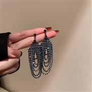 (18  Silver needle  Black  blue Tassels)silver diamond geometry long style tassel earrings occidental style exaggeratin