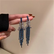 (2   Silver needle  Black  blue  Tassels)silver diamond geometry long style tassel earrings occidental style exaggerati