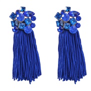 ( blue)Autumn and Winter occidental style Alloy diamond flowers tassel earrings woman Bohemia ethnic style super Earring