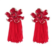 ( red)Autumn and Winter occidental style Alloy enamel flowers tassel earrings woman Bohemia ethnic style super Earring