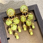 (gold S925 Silver needle)silver retro Olives resin earrings palace wind medium long style tassel ear stud exaggerating 