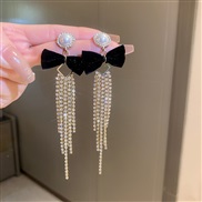 ( Silver needle  black( Tassels))silver Pearl bow diamond tassel chain earrings fashion creative high ear stud earri