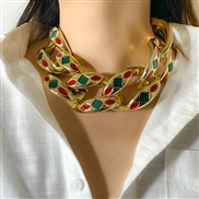 ( Gold 5 11)occidental style  punk square geometry enamel  personality exaggerating chain buckle embed necklace