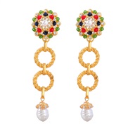( Golden color)fashion retro multilayer Round Alloy diamond embed Pearl long style earring occidental style earrings wo