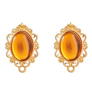 ( yellow)fashion retro personality brief Round Alloy flower embed resin geometry earrings woman occidental style ear st