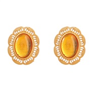 ( yellow)fashion retro flower Alloy embed Round resin geometry earrings woman occidental style ear stud