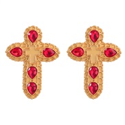 ( red)fashion retro Alloy diamond drop Rhinestone cross earrings woman occidental style temperament Bohemia