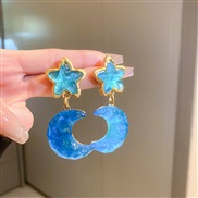 ( Silver needle  blue)silver star Moon resin earrings medium temperament high earring temperament Earring woman