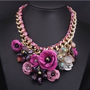 (purple)color flowers gem pendant rope weave necklace short clavicle exaggerating