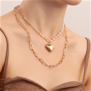 ( Goldpeach heart   necklace)occidental style  punk Double layer geometry big Peach heart pendant imitate Pearl necklac